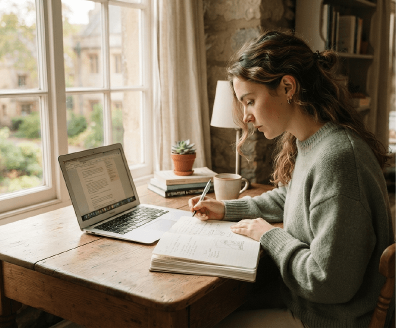 A student reviewing notes beside a laptop in a quiet study space
